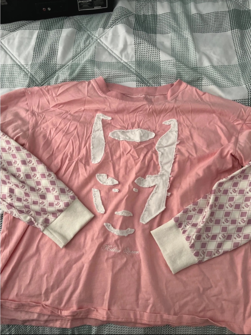 Men's Long Sleeve Graphic Tee in Pink with Patterned Sleeves